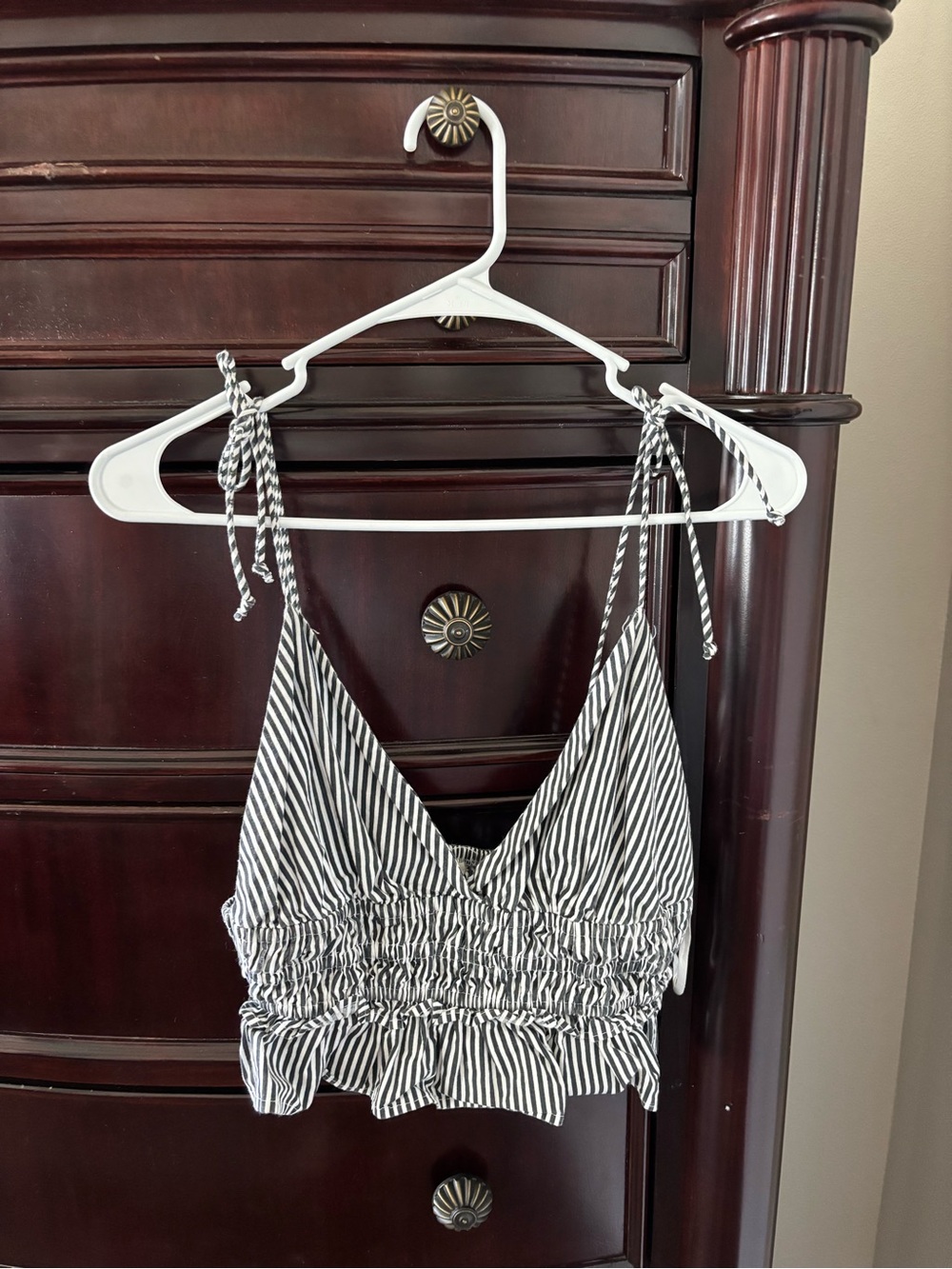 Striped Black & White Tie-Shoulder Smocked Crop Cami